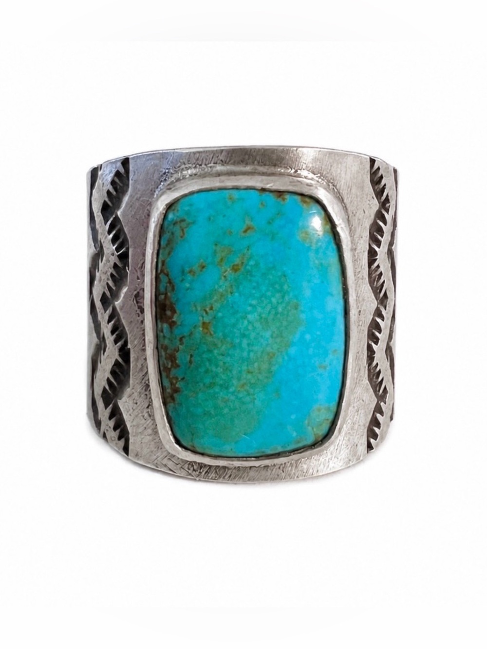 Southwestern Genuine Turquoise Stamped Sterling Silver 925 Wide Band Ring